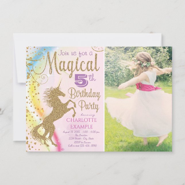 Girls Photo Unicorn Birthday Party Invitations (Front)