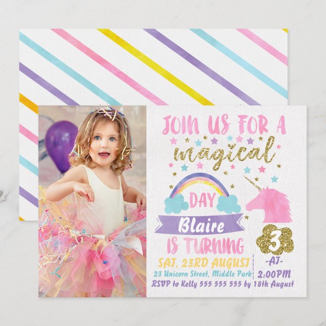 Girls Photo Watercolor Unicorn Birthday Invitation (Front/Back)