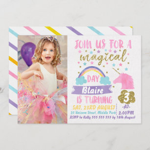 Girls Photo Watercolor Unicorn Birthday Invitation