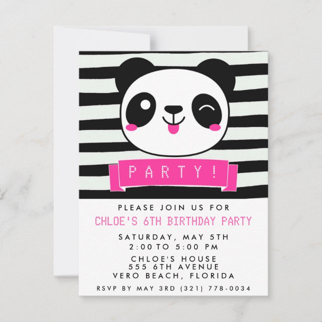 Girl's Pink and Black Happy Panda Birthday Party Invitation (Front)