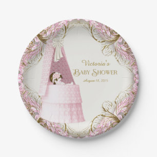 Girls Pink and Gold Bassinet Baby Shower Paper Plate
