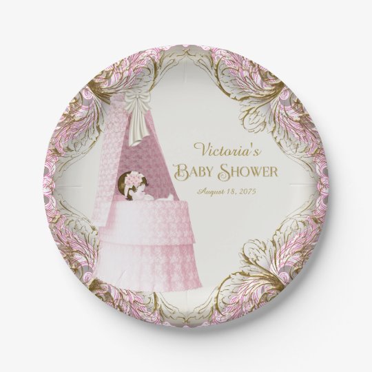 Girls Pink and Gold Bassinet Baby Shower Paper Plate