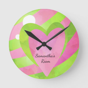Girl's Pink and Green Striped Balloon Hearts Clock
