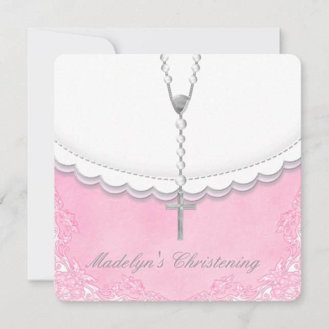 Girls Pink and Grey Christening Invitation (Front)