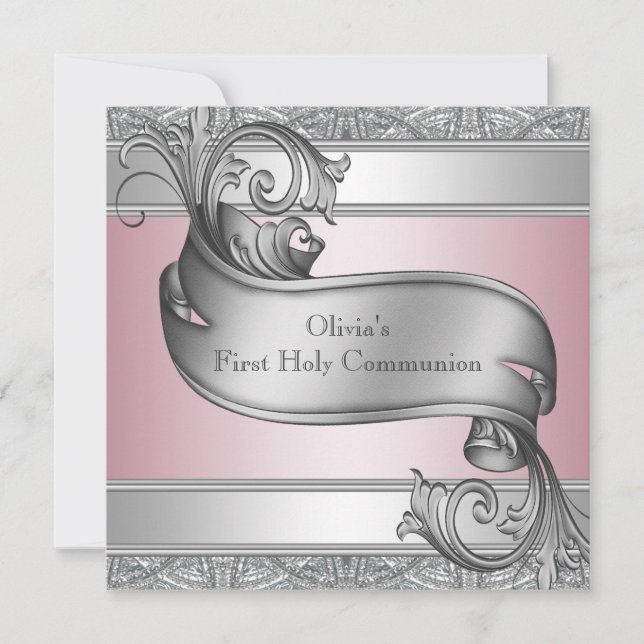 Girls Pink and Grey First Communion Invitation (Front)
