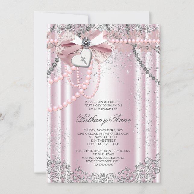 Girls Pink and Grey Pearl First Communion Invitation (Front)