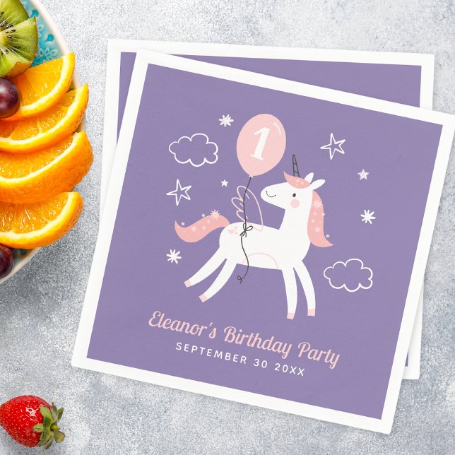 Girls Pink and Purple Unicorn Birthday  Napkin (Creator Uploaded)