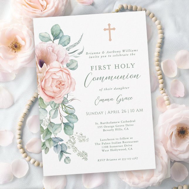Girl's Pink and Sage Green Floral First Communion Invitation (Available in both printed and instant download digital formats.)