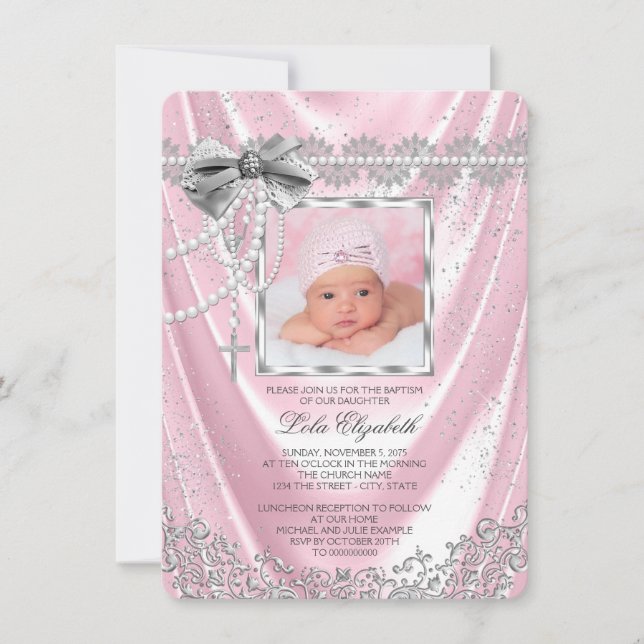 Girls Pink and Silver Photo Baptism Invitation (Front)