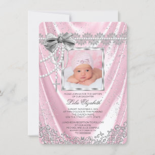 Girls Pink and Silver Photo Baptism Invitation