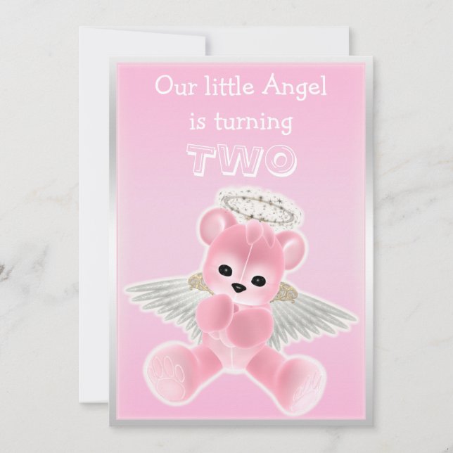 Girl's Pink Angel Teddy Bear 2nd Birthday Party Invitation (Front)