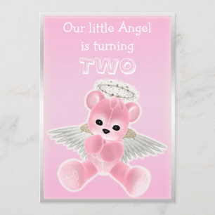 Girl's Pink Angel Teddy Bear 2nd Birthday Party Invitation