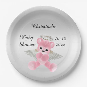Girl's Pink Angel Teddy Bear Baby Shower Paper Plate