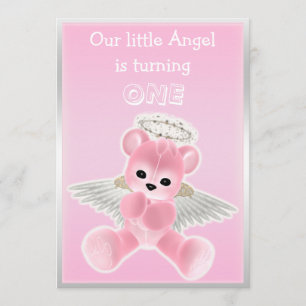 Girl's Pink Angel Teddy Bear First Birthday Party Invitation