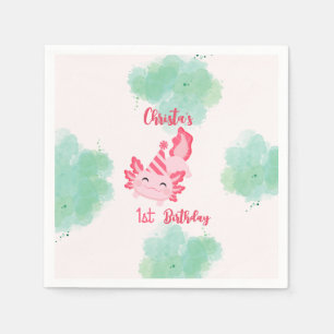 Girls Pink Axolotl 1st Birthday Party Invitation Napkin