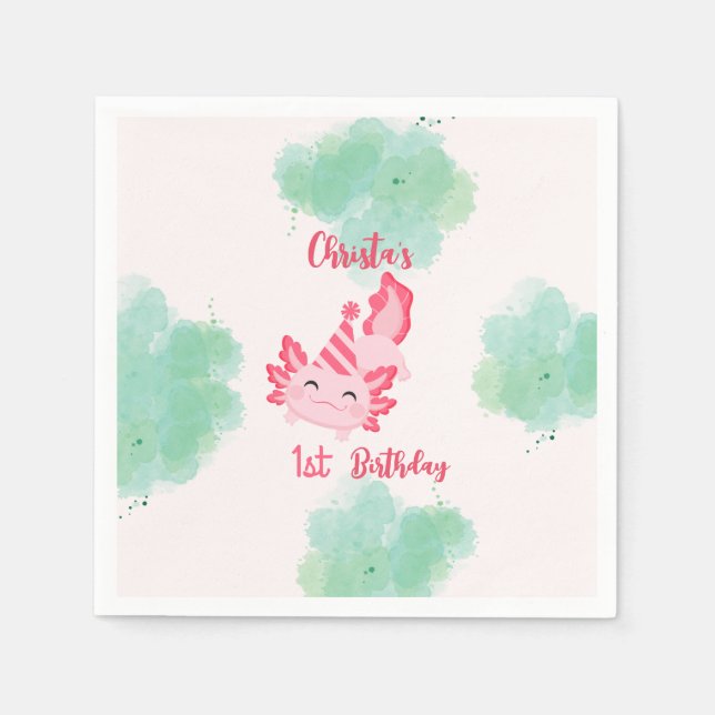 Girls Pink Axolotl 1st Birthday Party Invitation Napkin (Front)