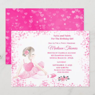 Girls Pink Ballerina Sparkle Hearts Birthday Party Invitation