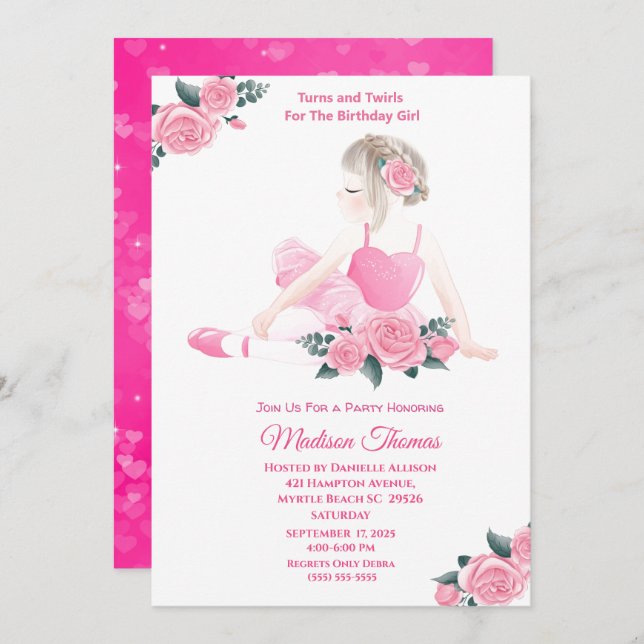 Girls Pink Ballerina Sparkle Hearts Birthday Party Invitation (Front/Back)