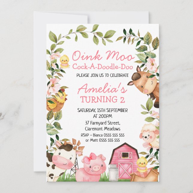 Girls Pink Barn Farm Animals Foliage Birthday  Invitation (Front)