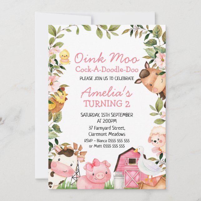 Girls Pink Barn Farm Duck Foliage Birthday Invitation (Front)