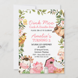 Girls Pink Barn Farm Duck Foliage Birthday Invitation