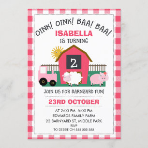 Girls Pink Barnyard Birthday Invitation