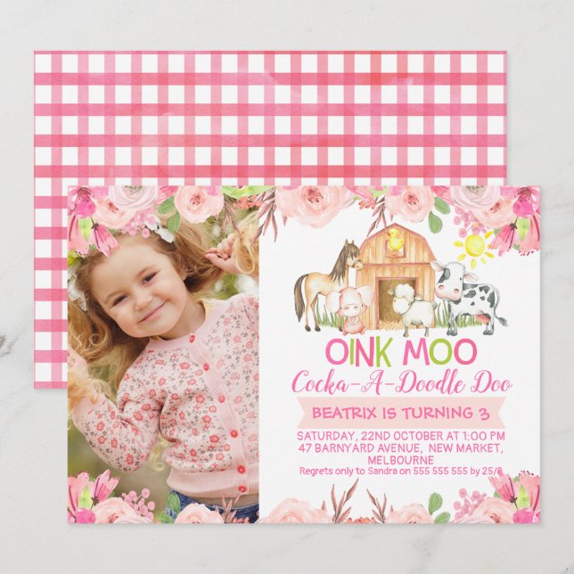 Girls Pink Barnyard Photo birthday invitation (Front/Back)