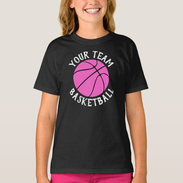 Girls Pink Basketball Team, Player Name & Number T-Shirt (Front)