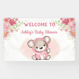  Girls Pink Bear Floral Custom Baby Shower Banner