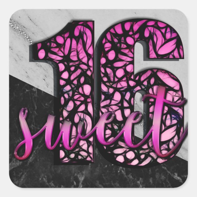 Girls Pink Black Marble Sweet 16 Birthday Party Square Sticker (Front)