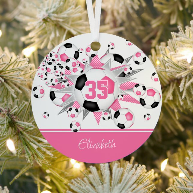 Girls pink black personalised soccer balls stars metal tree decoration (Insitu)