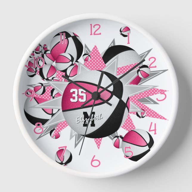 girls pink black sports room basketballs stars clock (Front)
