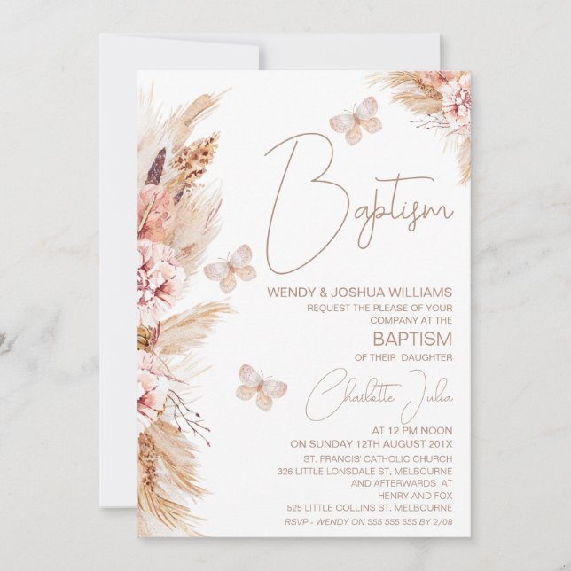 Girls Pink Boho Floral Butterflies Baptism Invitation (Front)