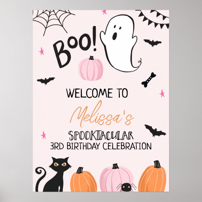 Girls Pink Boo Halloween Birthday Welcome Sign (Front)