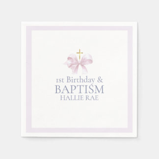 Girls Pink Bow 1st Birthday and Baptism Napkin