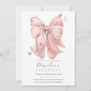Girls Pink Bow Birthday Pink Butterflies Any Age Invitation