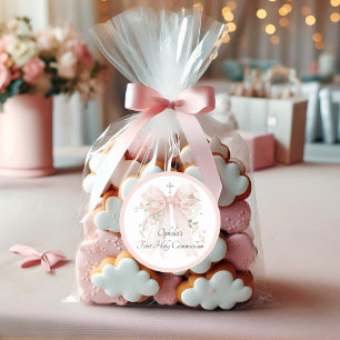 Girl's Pink Bow Floral First Communion Classic Round Sticker