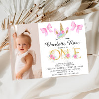 Girls Pink Bows Floral Unicorn 1st Birthday