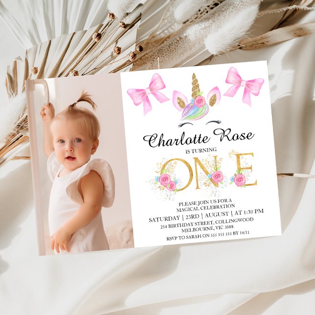 Girls Pink Bows Floral Unicorn 1st Birthday Invitation (Girls Unicorn 1st Birthday Invitation Unicorn Face Bows Magical Celebration First Birthday Invite)