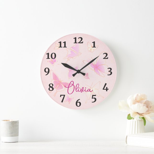 Girls Pink Butterfly Kids Nursery Round Clock (Home)