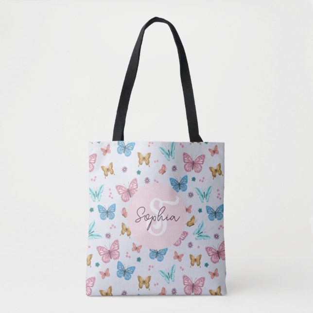 Girls Pink Butterfly Monogram Cute Kids Tote Bag (Front)