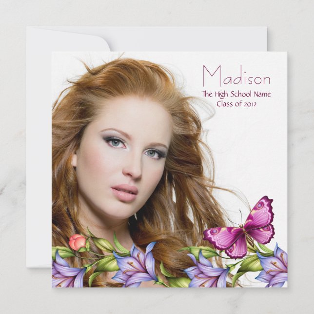 Girls Pink Butterfly Wildflowers Photo Graduation  Invitation (Front)