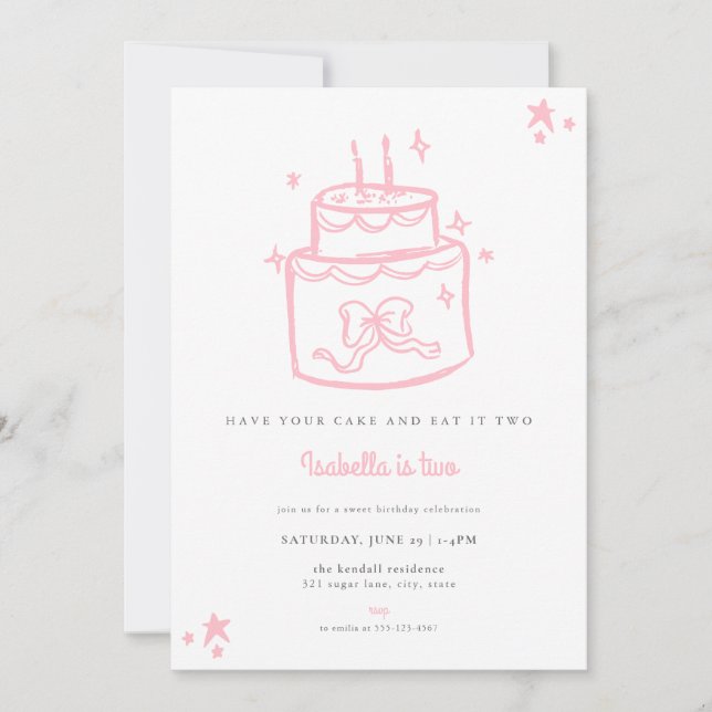 Girls Pink Cake 2nd Birthday Invitation (Front)