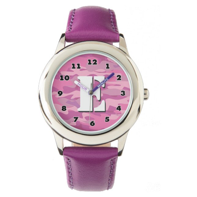 Girls pink camo watch with personalised monogram (Front)