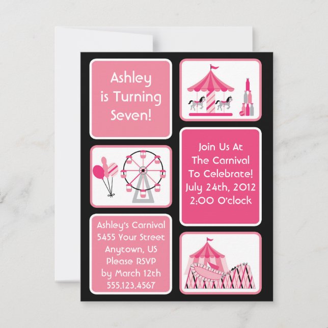Girls Pink Carnival Party Invitations (Front)