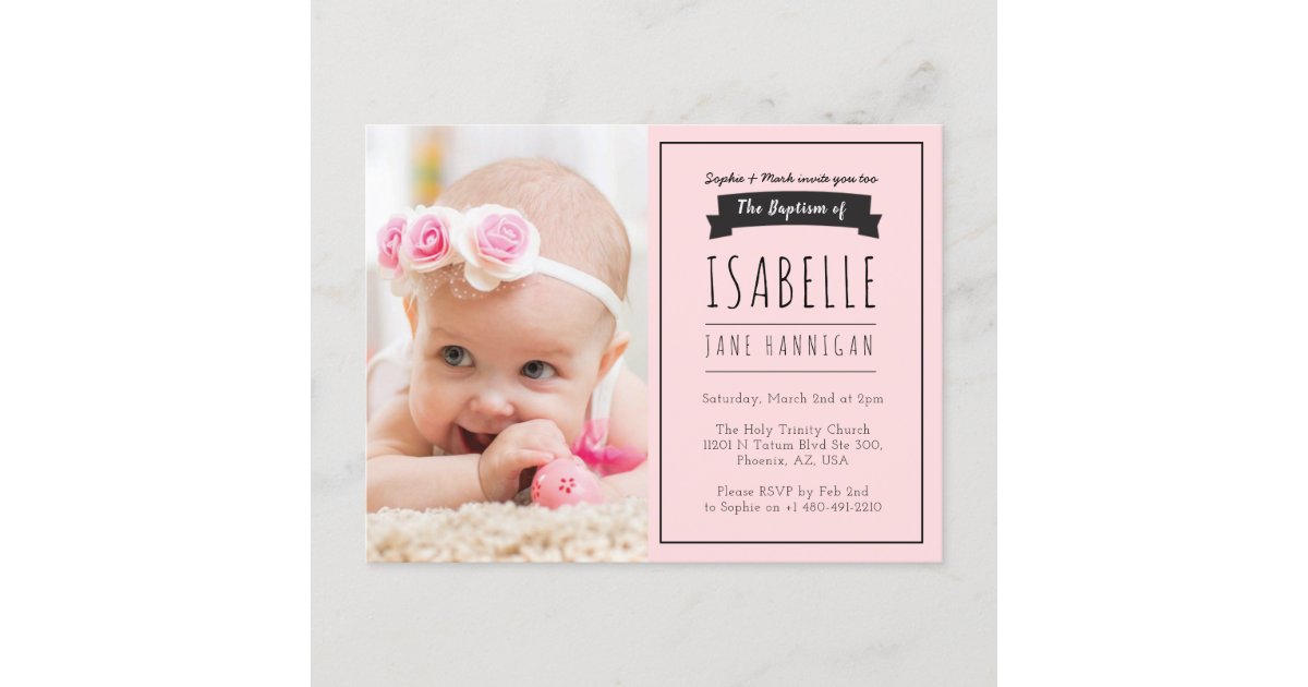 Girls Pink Christening Invitation, Baptism Invitation Postcard | Zazzle