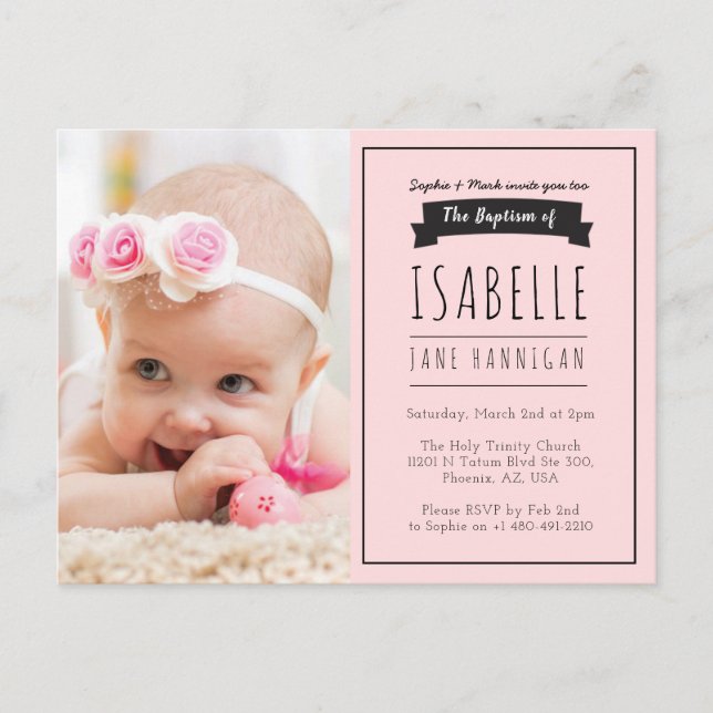 Girls Pink Christening Invitation, Baptism Invitation Postcard (Front)