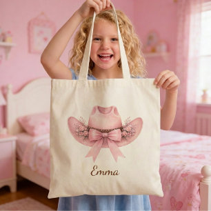 Girls Pink Cowgirl Hat Personalised Name Tote Bag