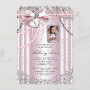 Girls Pink Cross Photo First Communion Invitation
