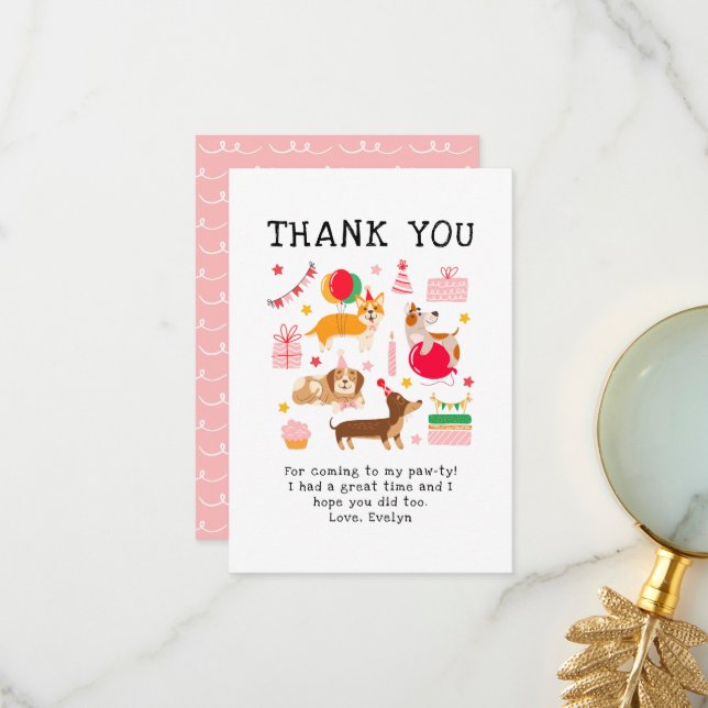 Girls Pink Cute Party Dogs Birthday  Thank You Card (Front/Back In Situ)